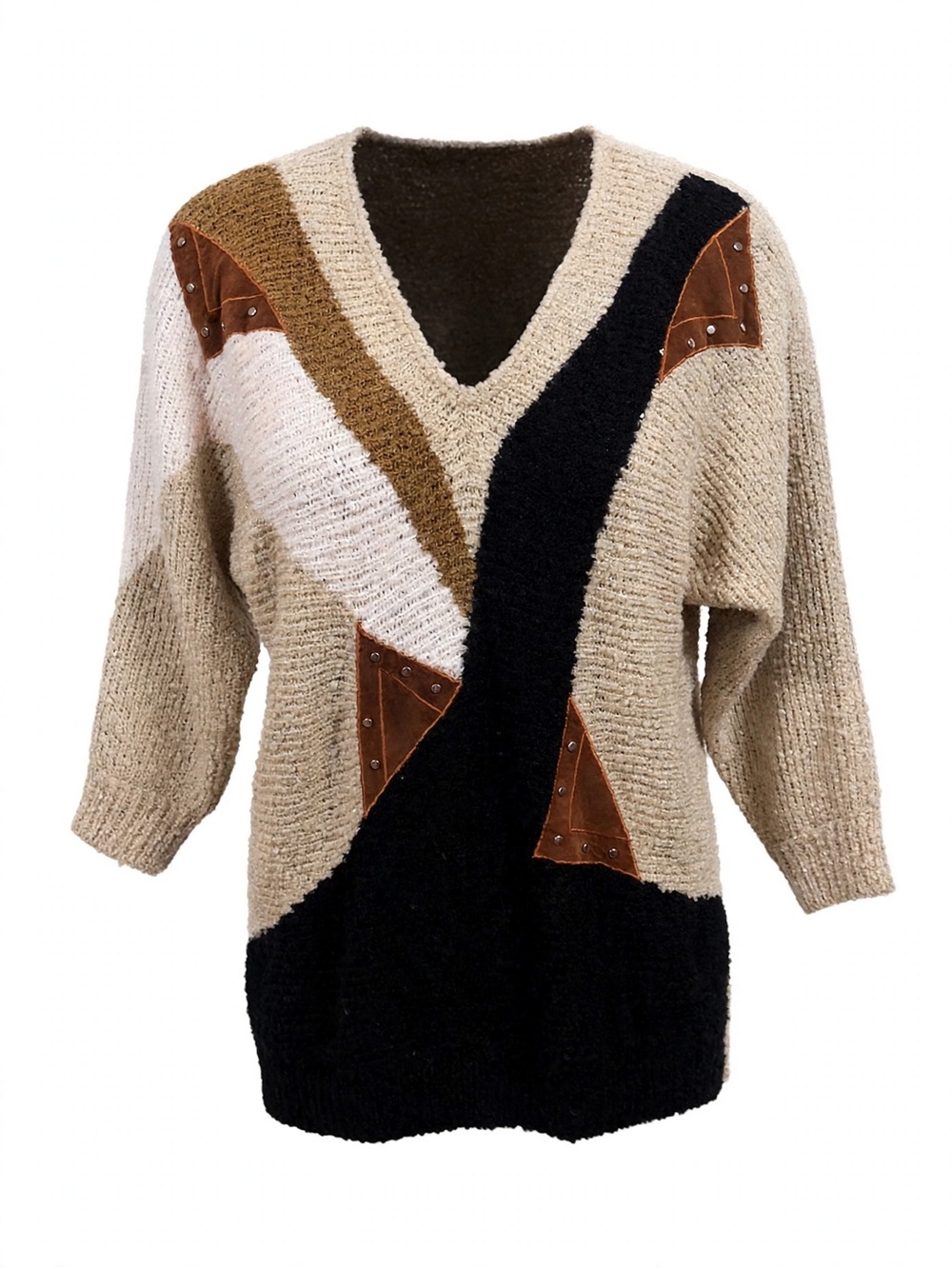 VTG. 80s Western Boucle Sweater M Oversized Cowboy Colorblock Studded Suede Tria